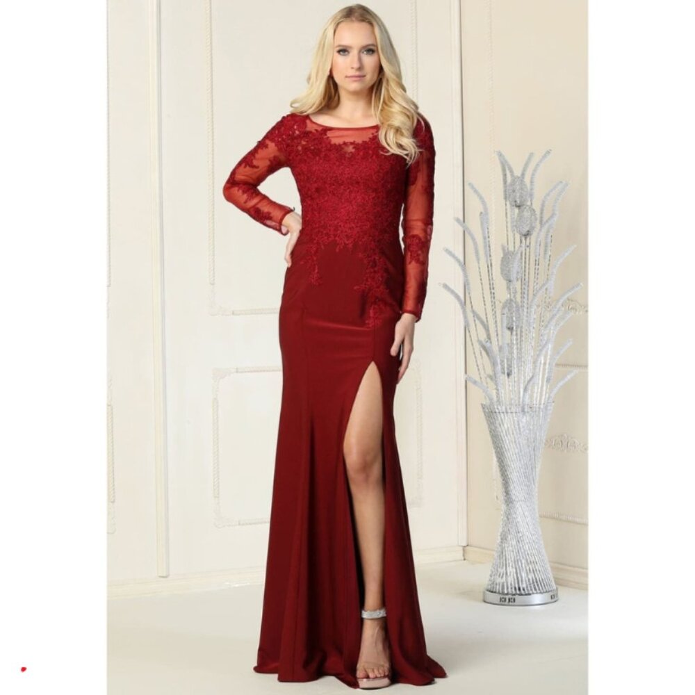 Burgundy Evening Illusion Bateau Long Sleeve Trumpet Dress By Royal Queen RQ7913